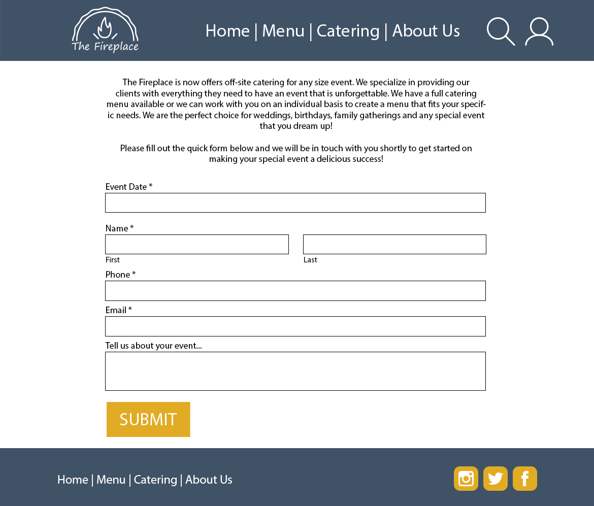 A mockup of the Catering page. The header and footer layout are the same as the Home page. The body contains sample text and a contact form.