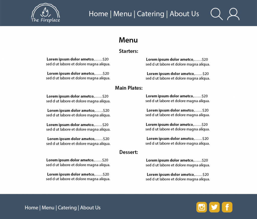 A mockup of the Menu page. The header and footer layout are the same as the Home page. The body contains text listing sample menu items.