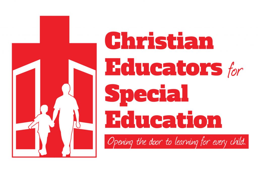 Logo with a red vector image of a child and adult walking through a set of double doors. The opening of the doors is the bottom portion of a cross. Next to the image is the red text "Christian Educators for Special Education: Opening the door to learning for every child."